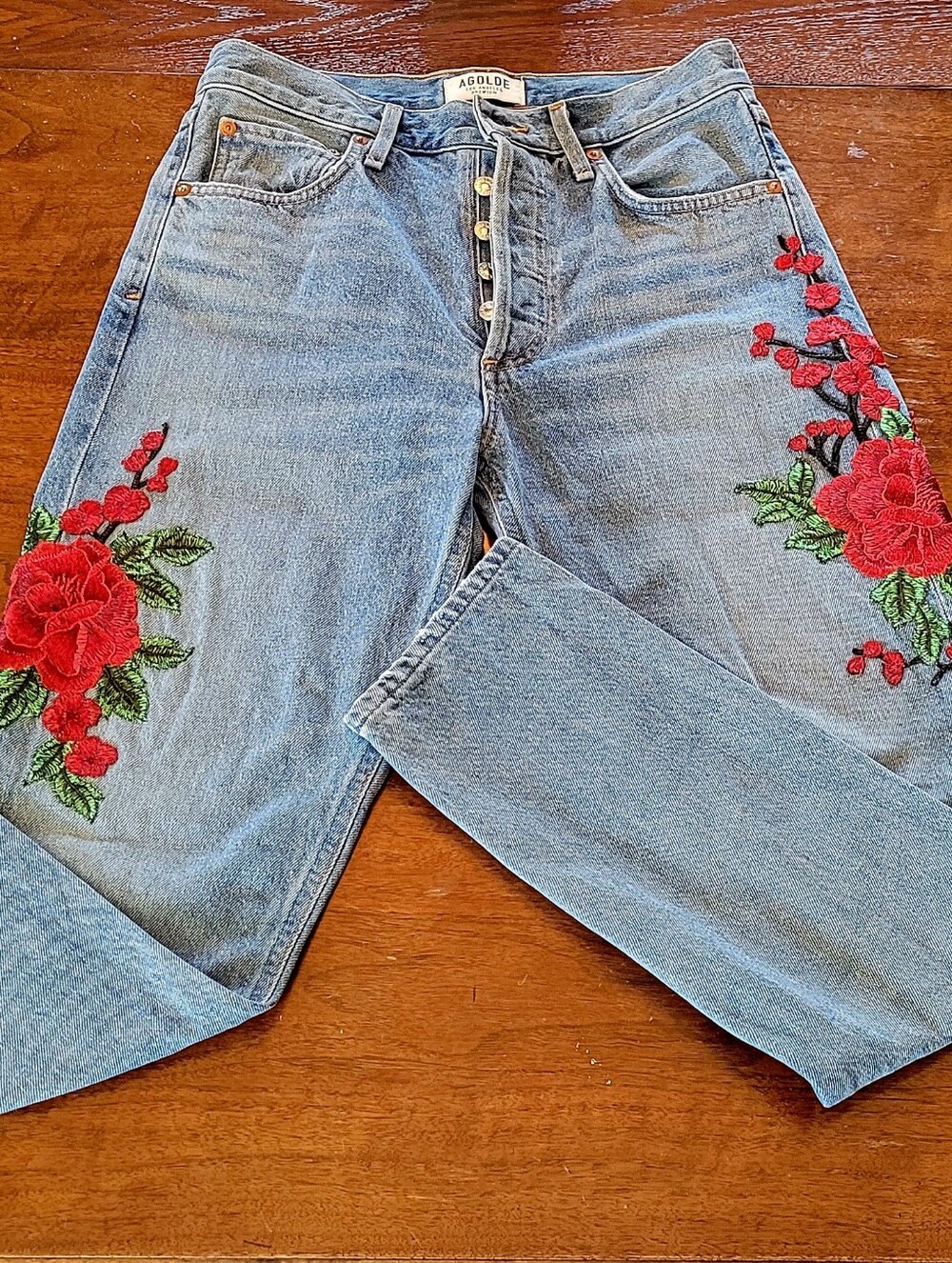AGOLDE Jamie High Rise Classic Straight Rose Embroidered Bohemian Western Jeans